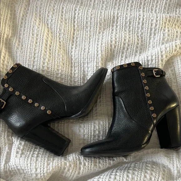 Tory Burch Black Leather Ankle Boots with Gold Studs - Picture 1 of 8